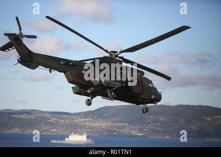 Byneset, Norvegia. Il 30 ottobre, 2018. Olandese un elicottero Cougar decolla come le forze della NATO conducono una sbarco durante l'esercizio Trident frangente 18 Ottobre 30, 2018 in Byneset, Norvegia. Il multi-nazionale esercizio è la più grande esercitazione NATO dal 2015 e comprende più di 50.000 militari di 31 paesi. Credito: Planetpix/Alamy Live News Foto Stock