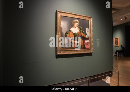 Londra REGNO UNITO. 1 novembre 2018. 'Dettaglio dal ritratto di una donna ispirata dalla Lucretia' .una mostra di dipinti e ritratti dal Rinascimento italiano artista Lorenzo Lotto (1480-1557) presso la National Gallery di Londra che riunisce molti di Lotto i migliori ritratti da raccolte intorno alla parola che coprono la sua intera carriera Credito: amer ghazzal/Alamy Live News Foto Stock