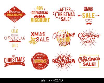 Vendita di Natale scritte e xmas calligraphy set. Tipografia raccolta di elementi. Vacanze shopping online digitare le virgolette. Magazzino vendite stagionali oberlays vettore isolato su sfondo bianco. Illustrazione Vettoriale