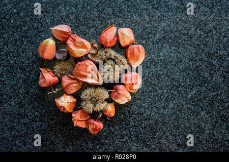Colore arancio frutti nel cuore l'amore di forma con un sacco di spazio copia utilizzabile come cartolina in autunno Foto Stock