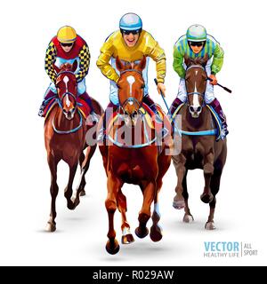 Corse di cavalli. Ippodromo. Racetrack. Trio fantini sui cavalli. Isolato su sfondo bianco. La vista dalla parte anteriore. Illustrazione Vettoriale. Illustrazione Vettoriale