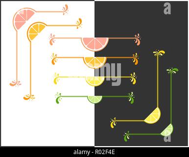 Agrumi freschi vector cornici e divisori di testo set. Succosa lobuli di calce, limone, arancia e pompelmo. Estate elementi di menu, decorare il testo e i Illustrazione Vettoriale