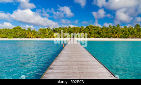 Maldive spiaggia, pontile in legno, Palme sul mare blu. Viaggi di lusso e concetto di vacanza. Spiaggia, il panorama incredibile paesaggio estivo. Spiaggia di ispirazione Foto Stock