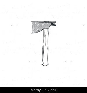 Vintage disegnati a mano camp ax. Silhouette schizzo design. Linea di viaggio arte icona. Illustrazione Stock isolati su sfondo bianco Foto Stock