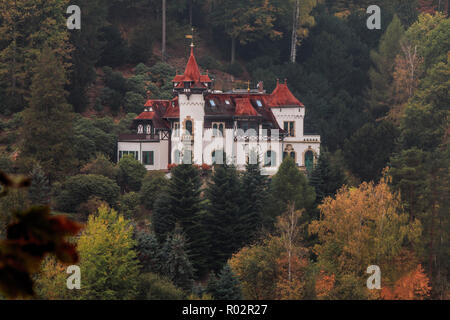 Il castello da favola nel mezzo di una montagna della foresta Foto Stock