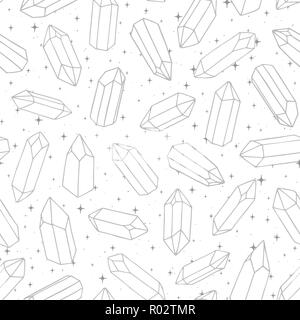 Disegnata a mano vector pattern senza giunture con cristalli contorno sullo sfondo bianco. Le gemme con le stelle. Illustrazione Vettoriale