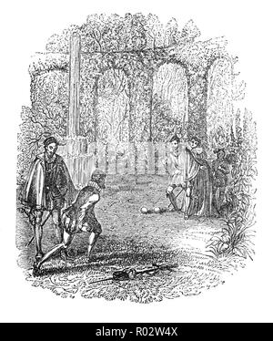 Bowling risale almeno al XIII secolo e di bocce si trovano spesso come parte di un estates giardini del tempo. La piccola sfera, chiamato jack, in cui i giocatori compito, è stato talvolta denominato 'mistress. ' Una ciotola che bacia il jack, o padrona, è nella posizione più vantaggiosa; quindi " a baciare il jack' servita per indicare uno stato di grande vantaggio. L'apertura su di un lato che contiene il bias o peso che inclina la ciotola in esecuzione da un percorso diretto, essendo talvolta chiamato l'occhio. Foto Stock