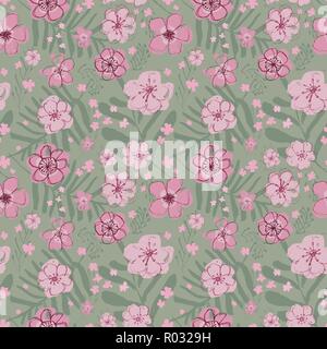Vettoriale sofisticata e rosa magenta floral seamless pattern su sfondo verde chiaro. Summery, festosa e divertente. Illustrazione Vettoriale