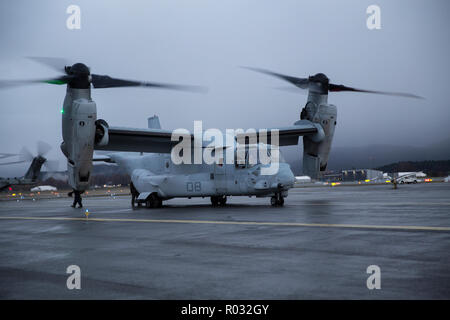 Un MV-22B Osprey si prepara a prendere il via nel corso del Tridente frangente 18 in Vaernes Garrison, Norvegia 26 Ottobre, 2018. Trident frangente consentirà all'aria elemento di combattimento del Marine Air Ground Task Force per esercitare il loro assalto le funzionalità di supporto per noi e allied forze di terra. Il velivolo è con Marine mezzo squadrone Tiltrotor 365, Marine Air Group 29. (U.S. Marine Corps photo by Lance Cpl. Gumchol Cho) Foto Stock