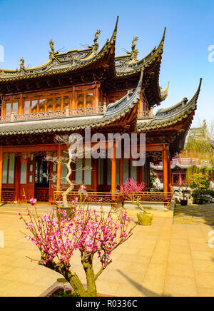 Vista verticale di un tradizionale padiglione nell' Yuyuan Gardens, Shanghai, Cina Foto Stock