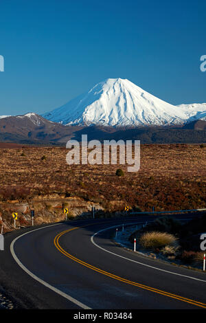 Mt Ngauruhoe e strade del deserto, parco nazionale di Tongariro, altopiano centrale, Isola del nord, Nuova Zelanda Foto Stock