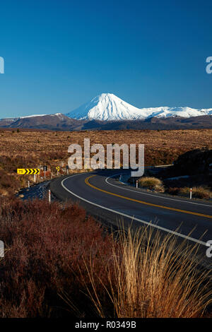 Mt Ngauruhoe e strade del deserto, parco nazionale di Tongariro, altopiano centrale, Isola del nord, Nuova Zelanda Foto Stock