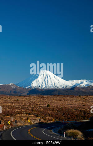 Mt Ngauruhoe e strade del deserto, parco nazionale di Tongariro, altopiano centrale, Isola del nord, Nuova Zelanda Foto Stock