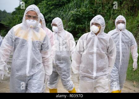 Tuaran Malaysia-Aug Sabah 4,2018: lavoratore veterinaria di indossare dispositivi di protezione personale durante l'influenza aviaria (influenza aviaria) controllo sul pollo barn Foto Stock