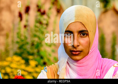 Un ritratto di una giovane donna del Kashmir, che copre la sua testa da un rosa-bianco scialle Foto Stock