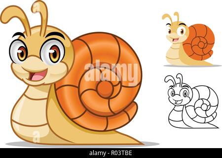 Snail cartoon character design mascotte, compresi piatti e line art design, isolati su sfondo bianco, vector clip art illustrazione. Illustrazione Vettoriale