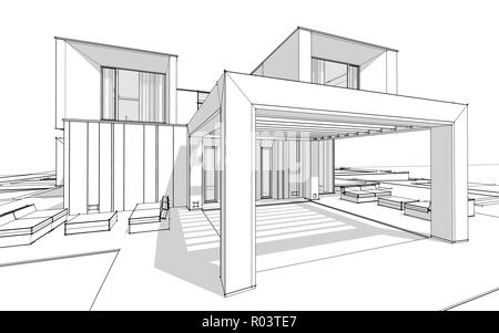 3D rendering schizzo della moderna casa accogliente dal fiume con garage in vendita o in affitto. Linea nera sketch con luce tenue ombre su sfondo bianco. Foto Stock