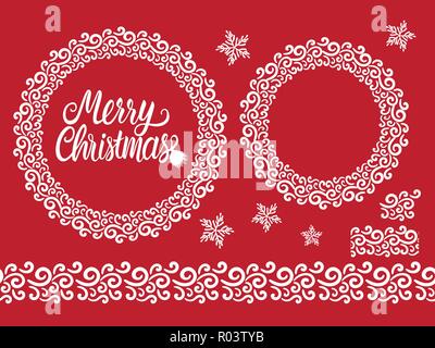 Buon Natale bianco disegnati a mano scritte testo iscrizione. Illustrazione Vettoriale set invernale rotonda lace telaio ornamento e la striscia isolato su sfondo rosso. Illustrazione Vettoriale