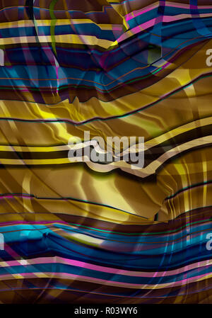 Abstract sfondo luminoso in raso blu-oro sfumature, coperto con curva in modo casuale strisce colorate Foto Stock