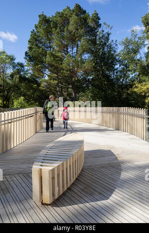 Dettaglio del pavimento in legno e le ombre proiettate sul percorso di risalita. Il percorso ascendente, Cambridge, Regno Unito. Architetto: Chadwick essiccatore Clarke, 2018. Foto Stock