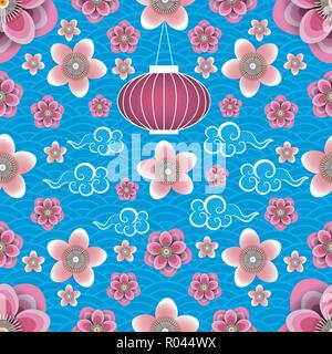 Anno Nuovo Cinese. Lanterna cinese cinese, nuvole, susina e pesca fiori. Sfondo blu con il pattern. Modello senza giunture. Illustrazione Vettoriale