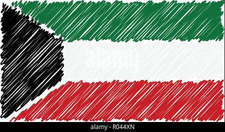 Disegnato a mano bandiera nazionale del Kuwait isolato su uno sfondo bianco. Disegno vettoriale illustrazione dello stile. Illustrazione Vettoriale