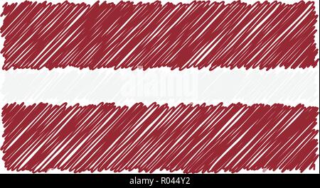 Disegnato a mano bandiera nazionale della Lettonia isolato su uno sfondo bianco. Disegno vettoriale illustrazione dello stile. Illustrazione Vettoriale