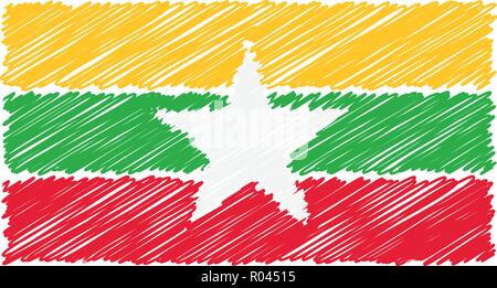 Disegnato a mano bandiera nazionale di Myanmar isolato su uno sfondo bianco. Disegno vettoriale illustrazione dello stile. Illustrazione Vettoriale