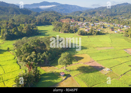 Mattina paesaggio del villaggio con fiume e verdi risaie a Kiulu Sabah Borneo Malese. Foto Stock
