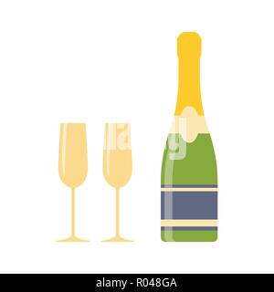 Champagne e due bicchieri di vino isolato su sfondo bianco. La bevanda alcolica icona. Piatto semplice illustrazione vettoriale EPS, 10. Illustrazione Vettoriale