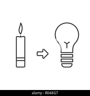 Evoluzione della luce. Candela e lampadina. Prima di illuminazione e ora. Concetto di progresso. Semplice lineare stile icona vettore. Corsa modificabile. Illustrazione Vettoriale