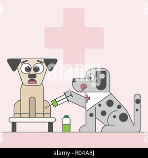 Un cane ha paura di iniezione in animali ospedale veterinario. Medico usare la siringa per vaccinare il suo paziente Illustrazione Vettoriale
