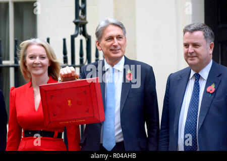 Philip Hammond MP, il Cancelliere dello Scacchiere, con Liz Truss MP, e Mel STRIDE MP, lasciando a Downing street prima di consegnare il suo budget, 29 Octobe Foto Stock