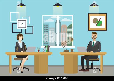 Due cartoon degli impiegati dell'ufficio. La giovane donna e uomo è un dipendenti al lavoro. Vettore illustrazione piatta Illustrazione Vettoriale