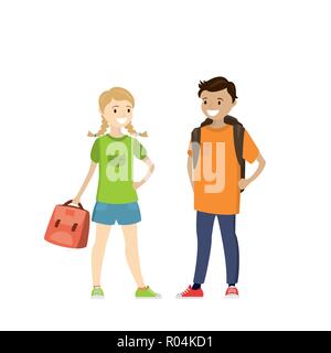 Due teenager un ragazzo e una ragazza con la scuola zaini, isolati su  sfondo bianco,cartoon illustrazione vettoriale Immagine e Vettoriale - Alamy