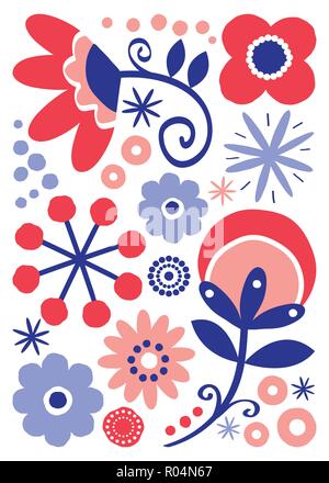 Folk scandinava arte floreale, Illustrazione disegnata a mano di colore rosso e blu navy biglietto di auguri o un invito con fiori Illustrazione Vettoriale