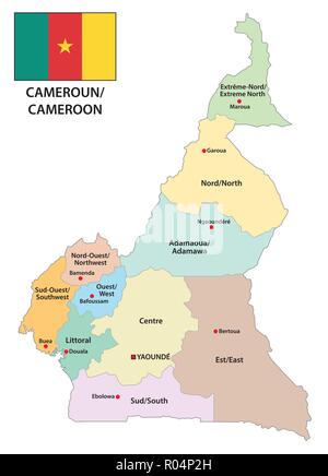 Repubblica del Camerun politica e amministrativa di mappa con bandiera. Illustrazione Vettoriale