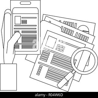 Mano con smartphone e controllare i documenti di illustrazione vettoriale graphic design Illustrazione Vettoriale