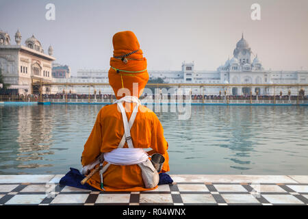 La religione sikh all'Harmandir Sahib (Tempio d'Oro), Amritsar Punjab, India, Asia Foto Stock