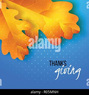 Vettore di ringraziamento biglietto di auguri con scritte a mano etichetta - ringraziamento - e in autunno realistico di foglie di quercia su sfondo blu. Illustrazione Vettoriale