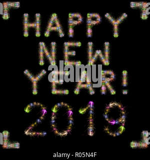 Felice Anno Nuovo 2019 scritto con spumante colorati fuochi d'artificio su cielo nero / background Foto Stock