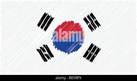 Disegnato a mano Bandiera Nazionale della Corea del Sud isolato su uno sfondo bianco. Disegno vettoriale illustrazione dello stile. Illustrazione Vettoriale