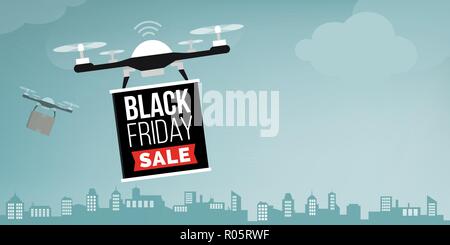 Drone portante un venerdì nero vendita banner pubblicitario nella città di sky Illustrazione Vettoriale