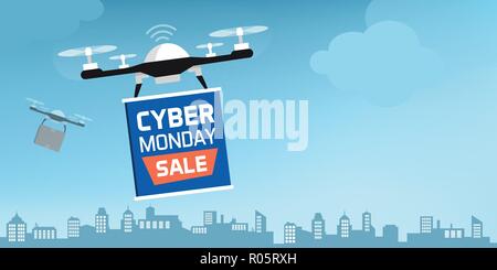 Drone portante un cyber lunedì banner pubblicitario nella città di sky Illustrazione Vettoriale