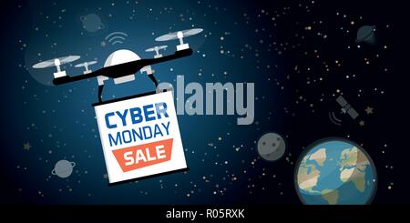 Drone portante un cyber lunedì banner pubblicitario nello spazio interstellare Illustrazione Vettoriale