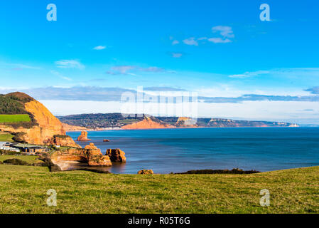 Ladram Bay e la Jurassic Coast per quanto riguarda la birra di testa, Devon, Regno Unito. Foto Stock