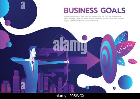 Imprenditore di successo tenere premuto il pulsante freccia in mano, conseguimento obiettivo. Scopo nel concetto di business. Target sfondo isolato. Illustrazione Vettoriale design piatto. Aspirazioni di persone. Missione raggiunti Illustrazione Vettoriale