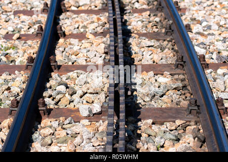 Close-up di un binario ferroviario con una cremagliera Foto Stock