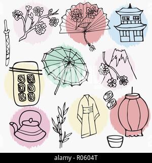 Doodle style illustrazione con i simboli giapponesi Illustrazione Vettoriale