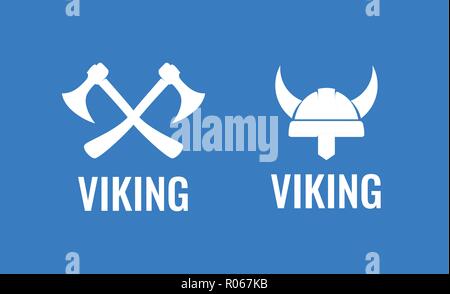 Viking flat icon set. Illustrazione Vettoriale medioevale dei guerrieri scandinavi. Assi incrociati e casco di Viking. Illustrazione Vettoriale